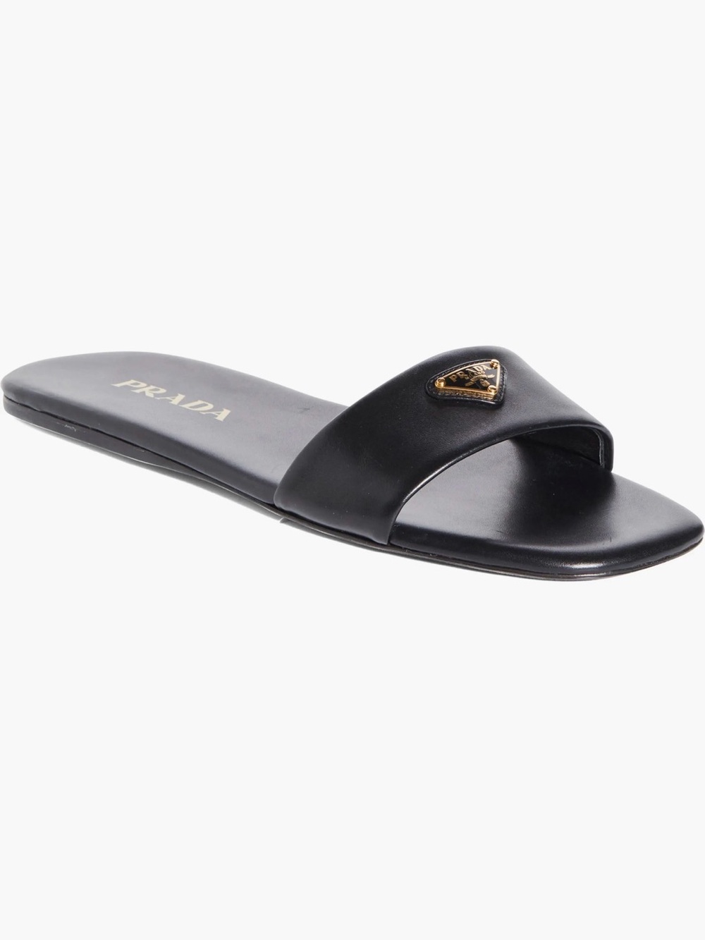 Prada Black Leather Slide Sandal with Gold Triangle Emblem